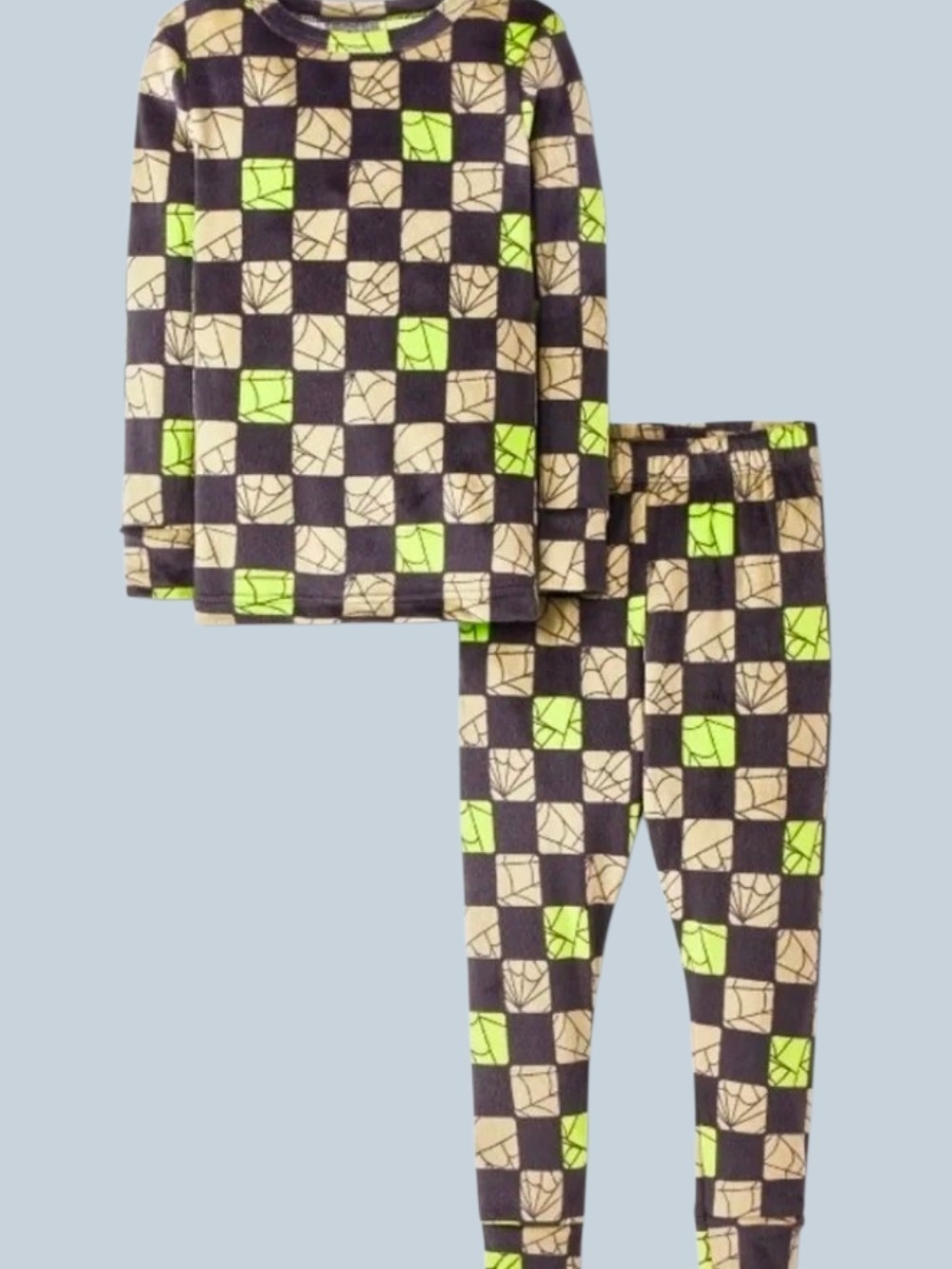 Cat & Jack Checkered Fleece Pajama Set in Black, Cream & Neon Green